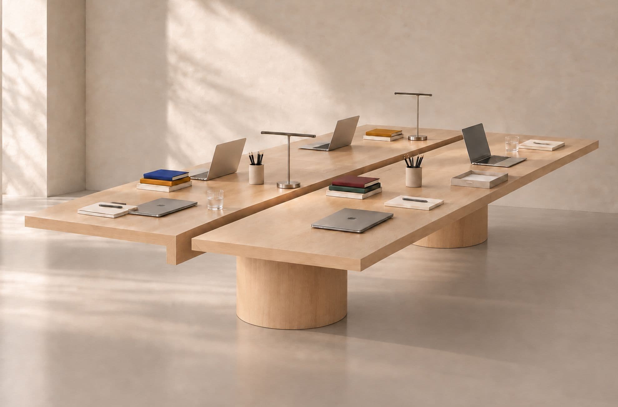 POA bench desk in natural oak — oak veneer top, turned drum bases