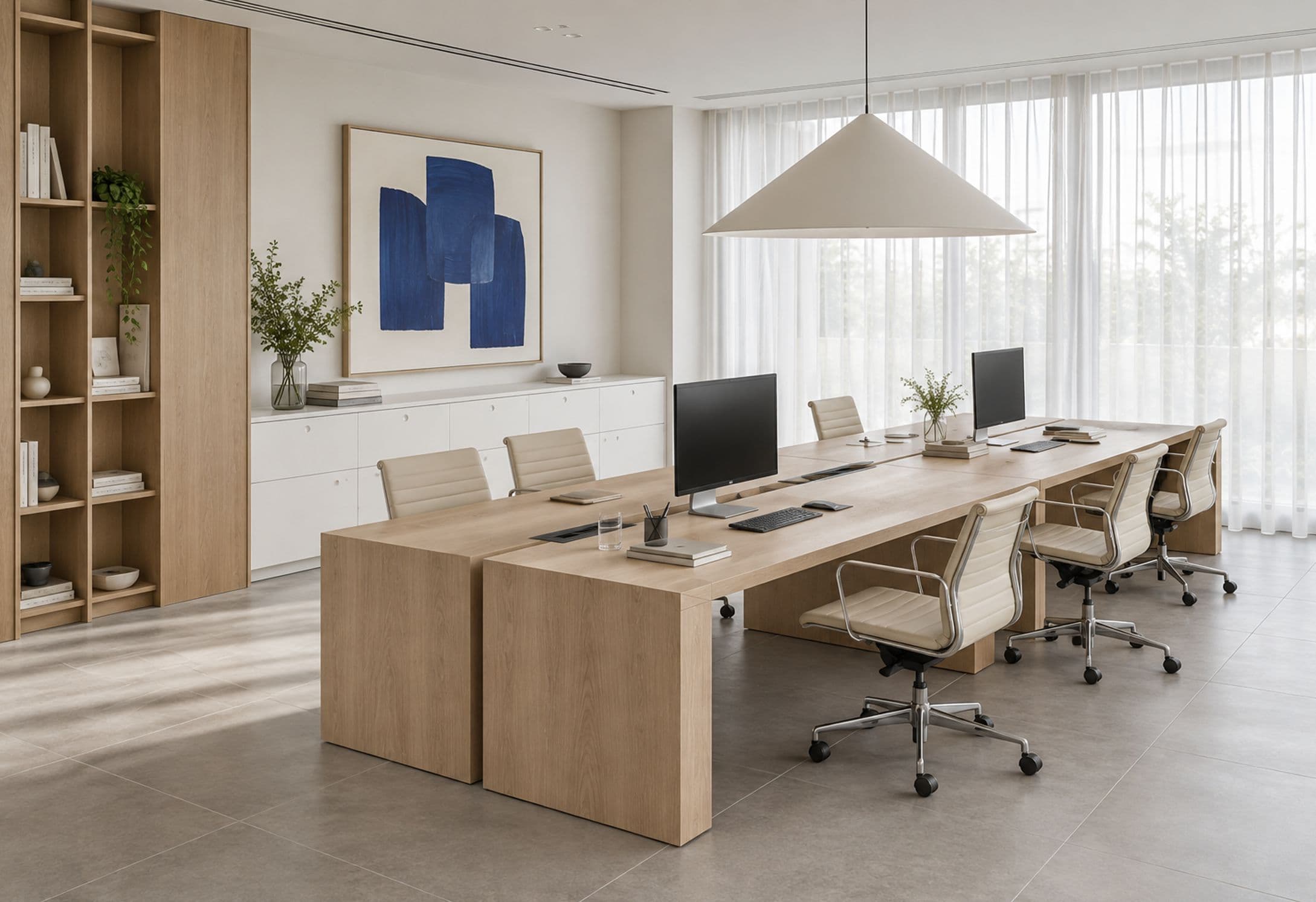 Two rows of light oak bench desks with panel legs and white task chairs in a bright open office
