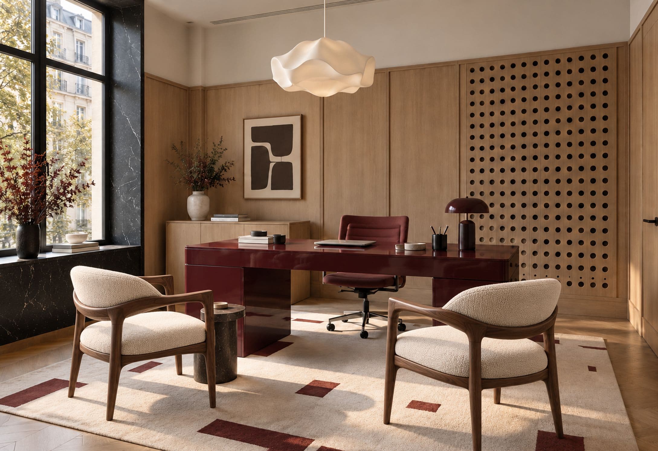 Oxblood Study — Oak, oxblood lacquer, marble
