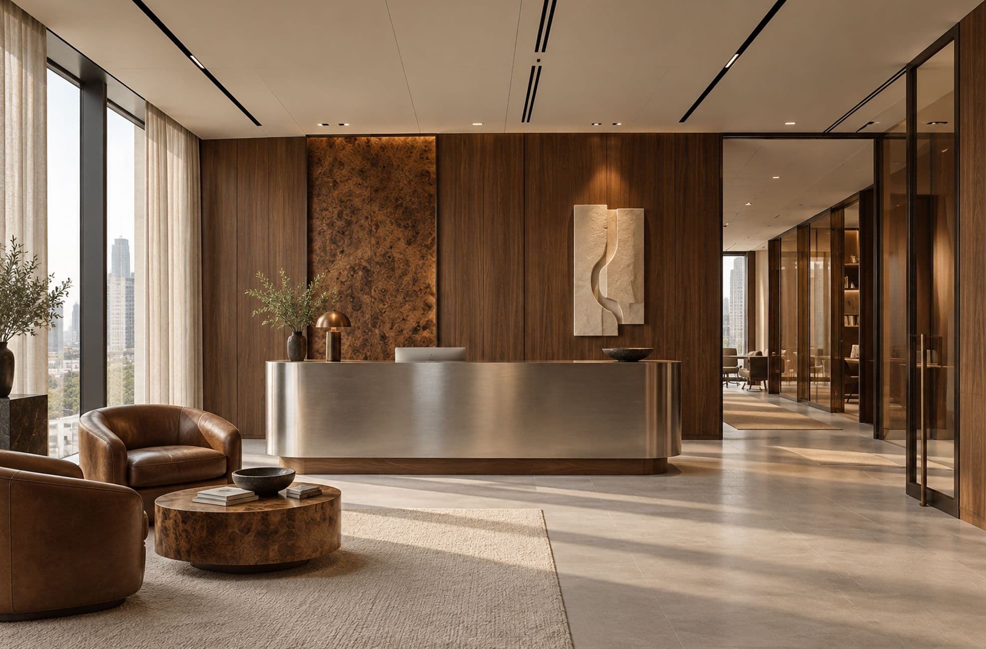 Bronze Private Office — Walnut, brushed steel, cognac leather